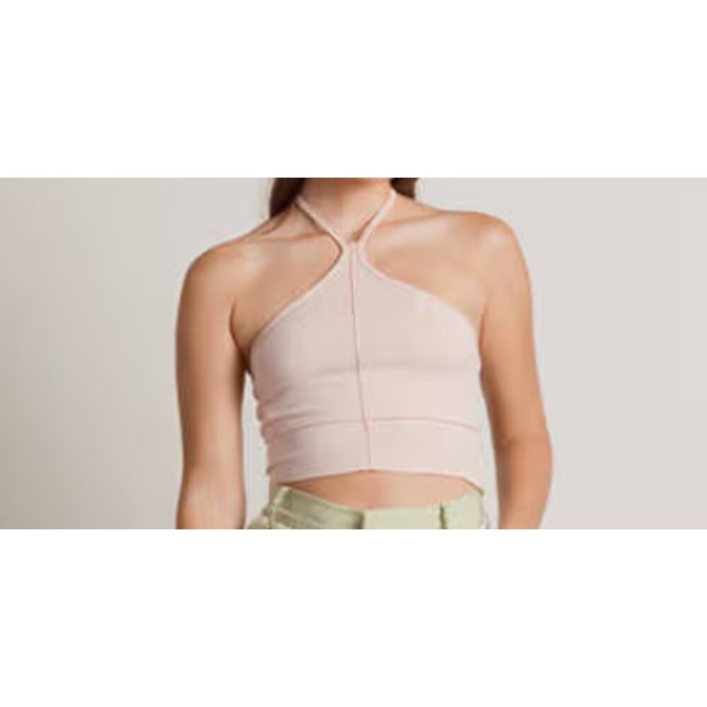 Tobi Blush Pink Ribbed Stretch Crop Top with Spaghetti Straps Minimalist Top